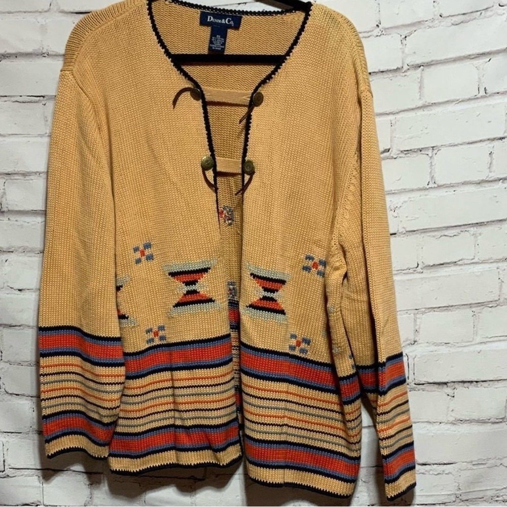 DENIM & COMPANY Womens Plus Open Front Tan Peach Aztec Cardigan Sweater Sz 2X